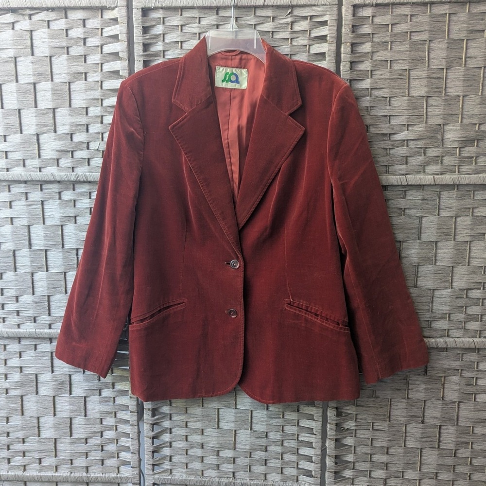 Vtg 70s Blazer Rust Burnt Orange Velvet Two Button Lined Jacket Sz L *READ